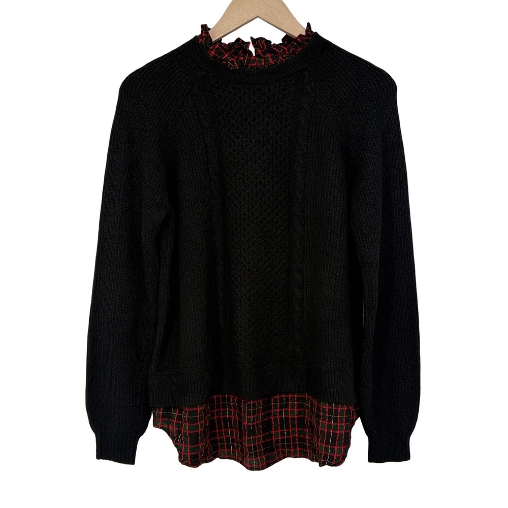 LOFT Black Cable Knit Plaid Ruffle Layered Sweater Red Green Holiday Preppy Twee
